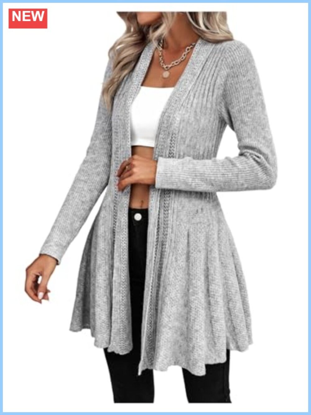 Open Front Ruffle Hem Chunky Knit Long Cardigan Lightweight Crochet Sweater